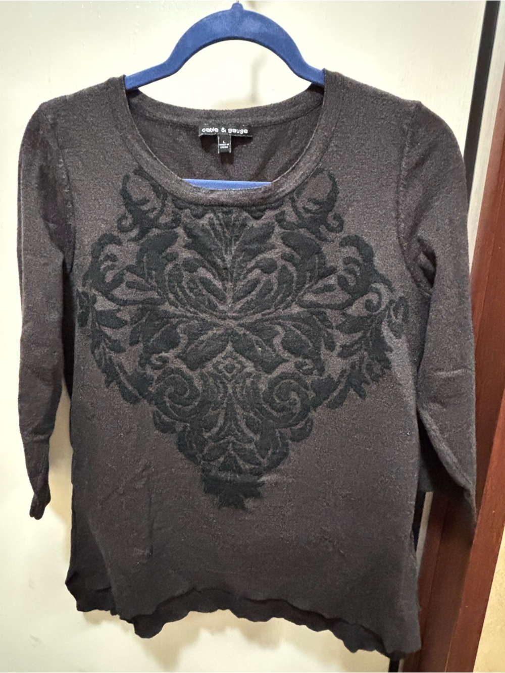 Cable & Gauge Black Embroidered Flocked Crewneck Sweatshirt
